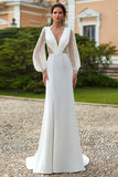 Sparkly Ivory Sheath Long Sleeves Sweep Train Wedding Dress